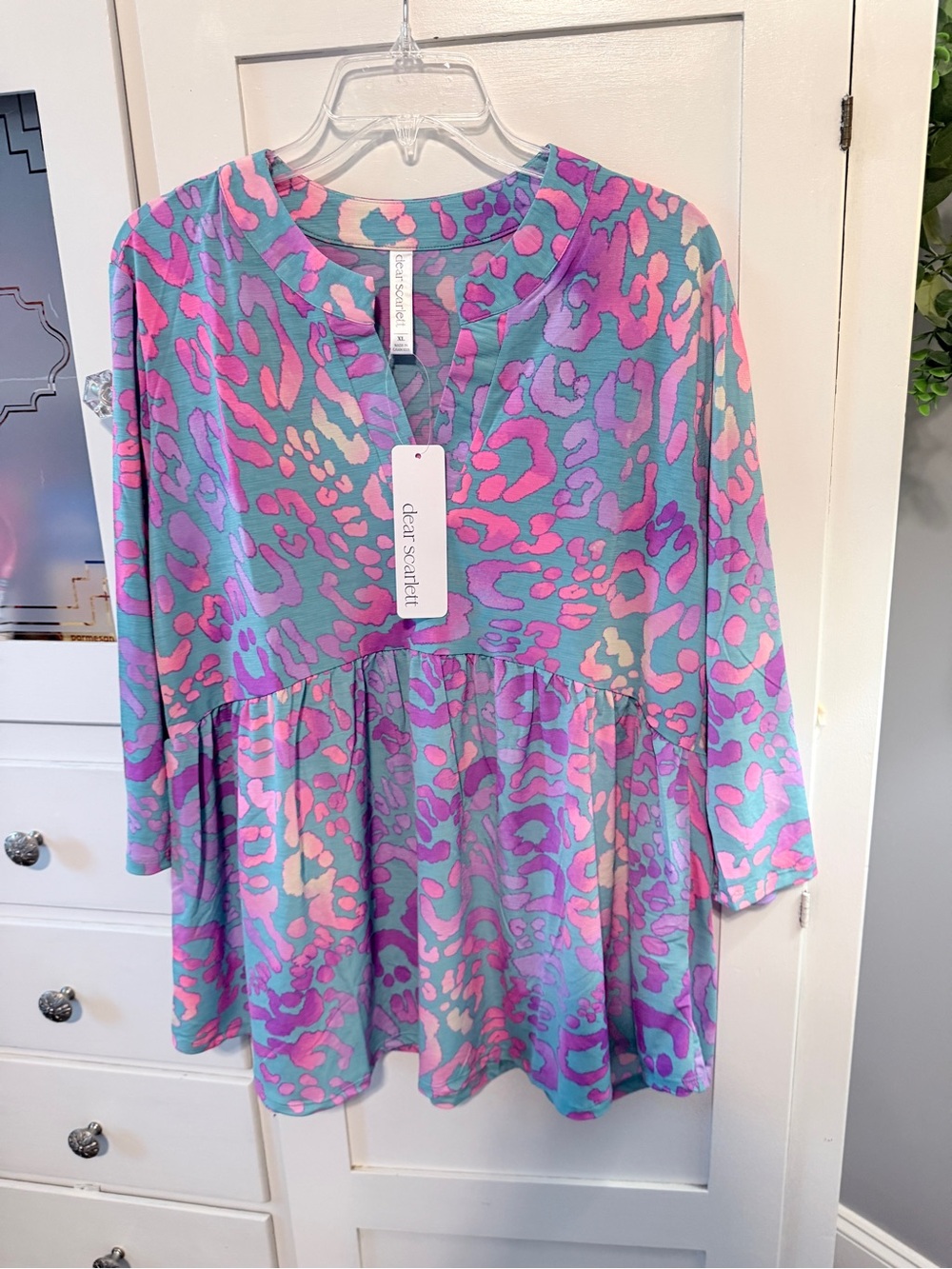 dear scarlett Pastel Leopard Print Peplum Tunic - Teal & Pink